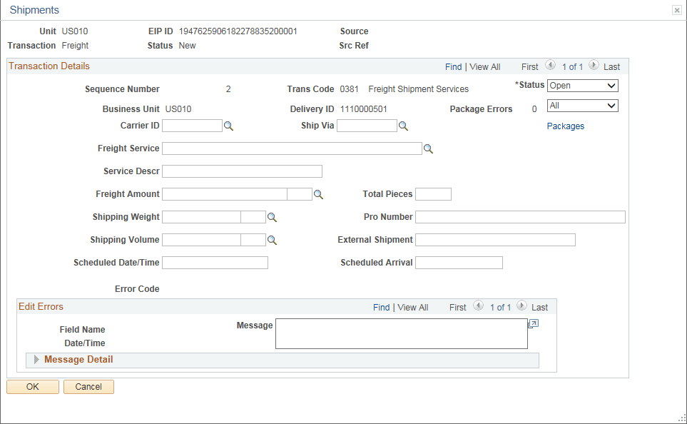 Transaction Maintenance- Freight: Shipments page