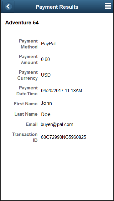 Payment Results page for a PayPal payment (SFF)