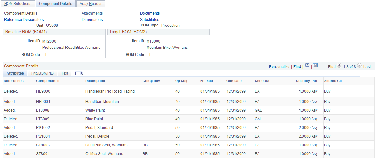 BOM Selections - Component Details: Component Details page
