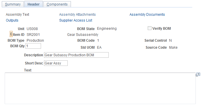 Engineering BOMs - Header: Outputs page