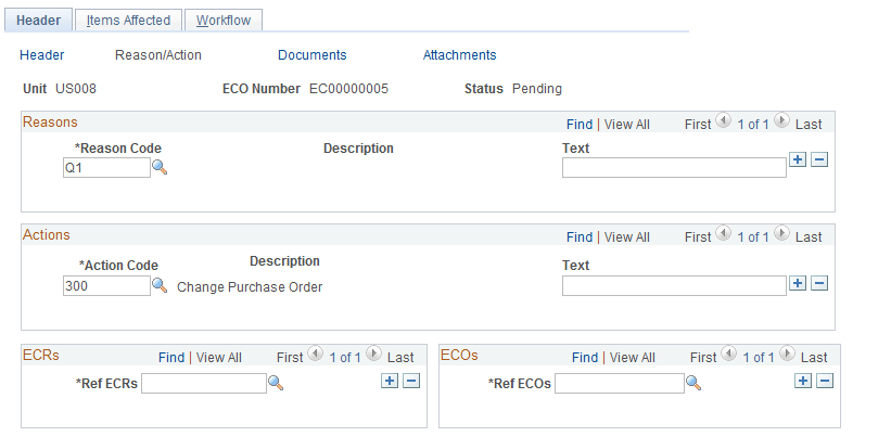 Maintain ECOs - Header: Reason/Action page