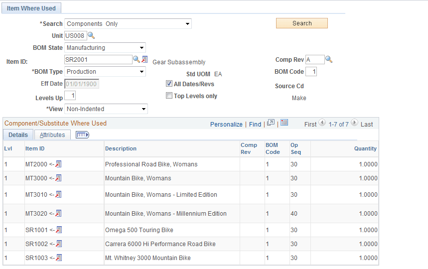 Item Where Used page: Details tab