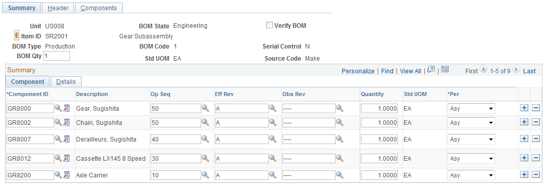 Engineering BOMs - Summary page