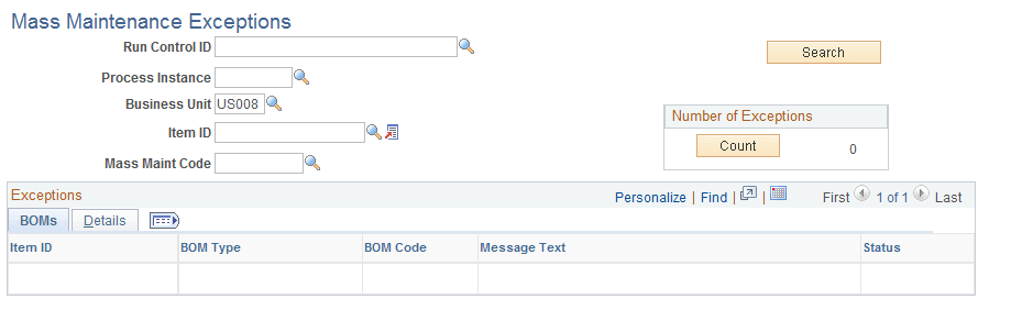 Mass Maintenance Exceptions page