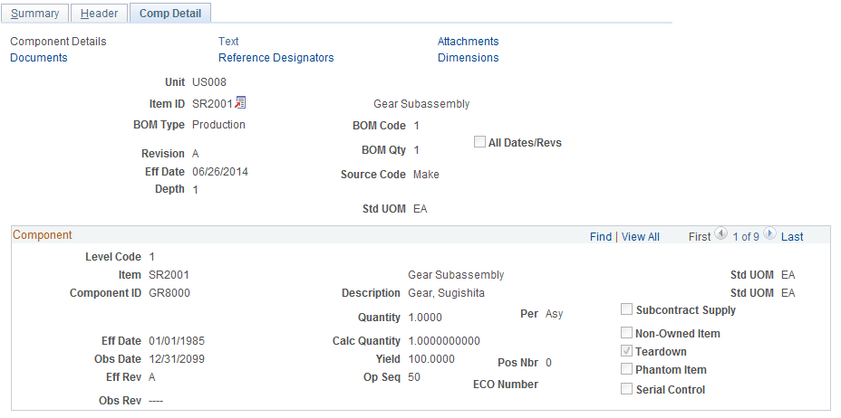 Review EBOM Information - Comp Detail: Component Details page