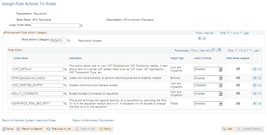 Assign Role Actions To Roles page