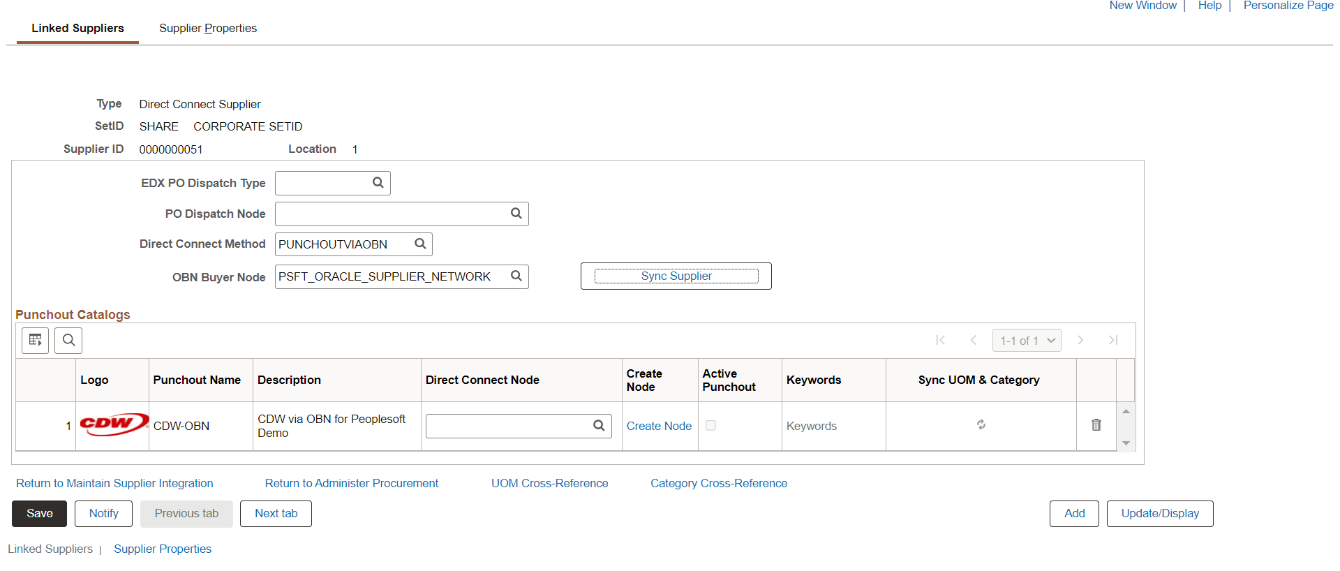 Linked Suppliers - Punchout Catalogs page