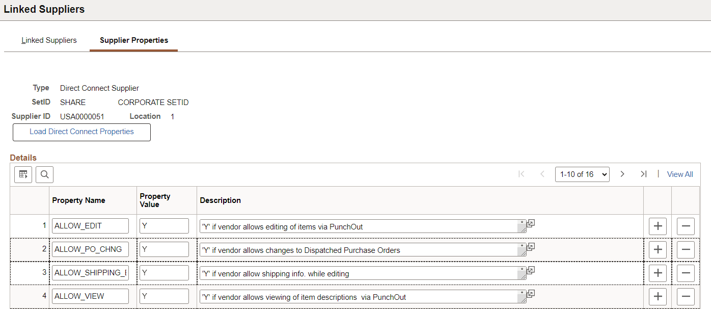 Supplier Properties page