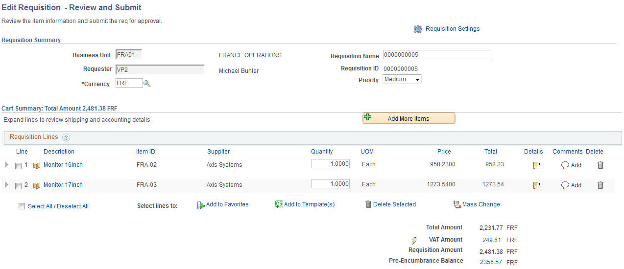 Edit Requisition - Review and Submit page (1 of 2)