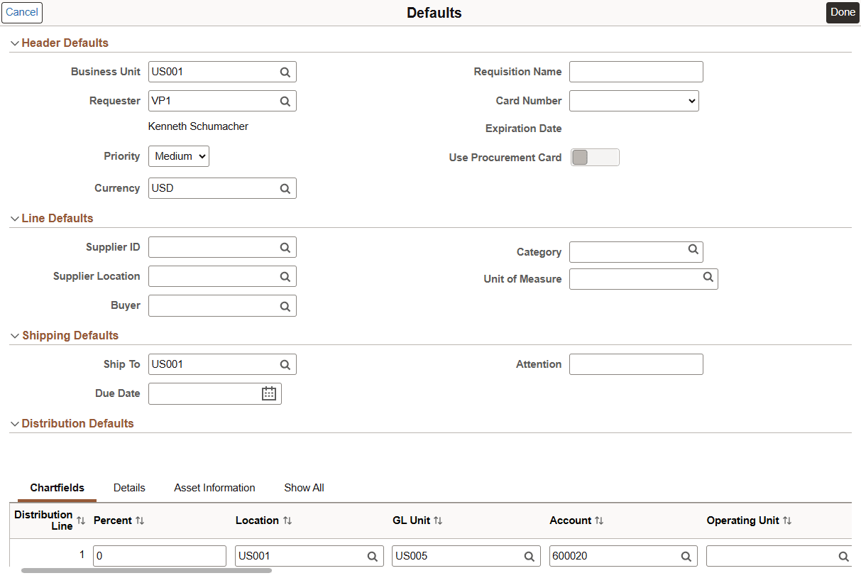 Requisition Defaults