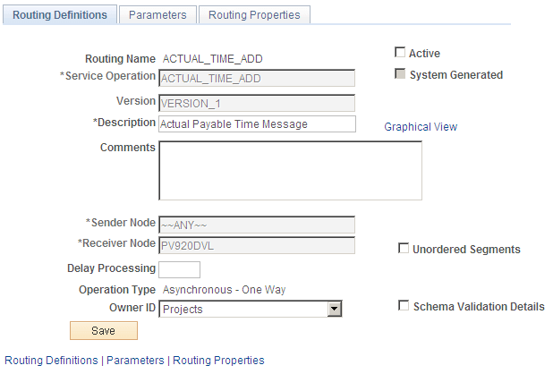 Routing Definitions page