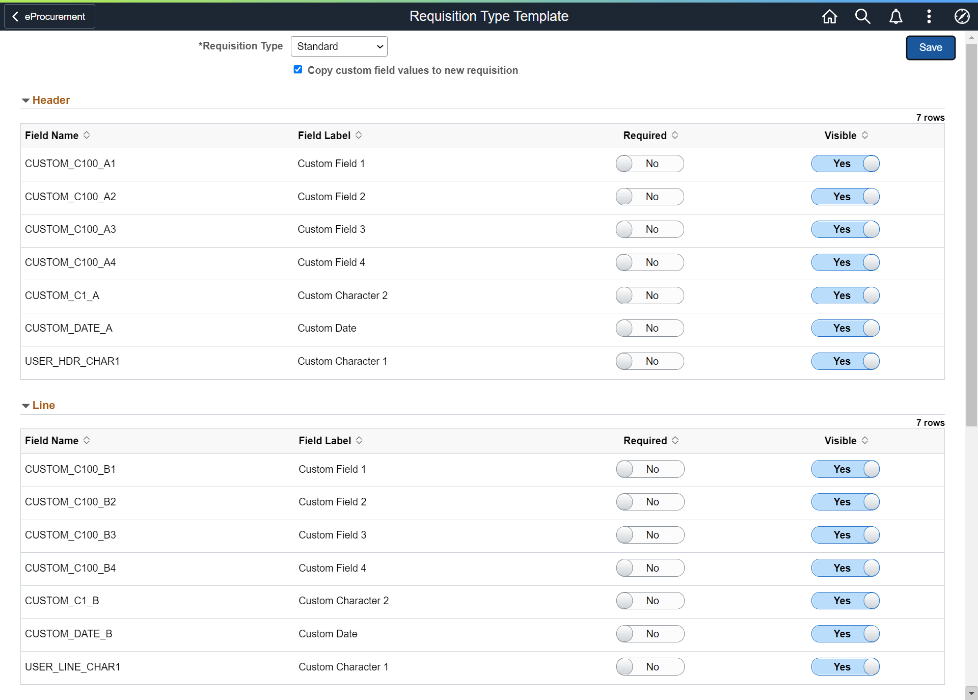 Requisition Type Template Page
