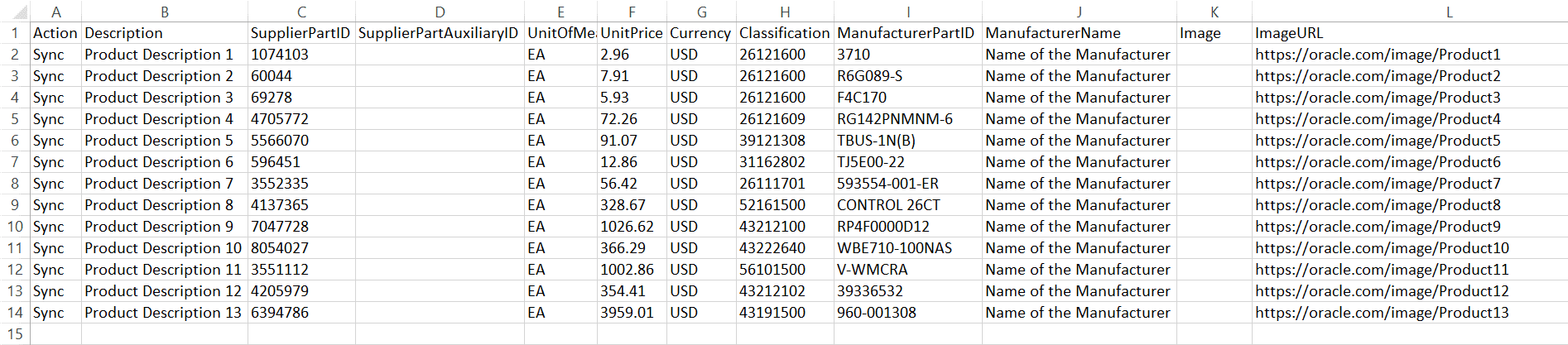 External Catalog .csv file with sample data