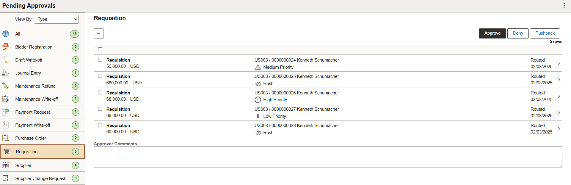 Pending Approvals - Requisition page