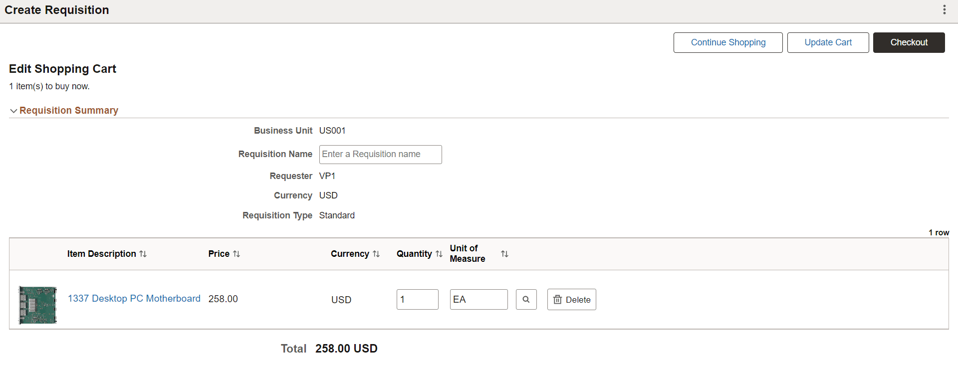 Create Requisition Shopping Cart page