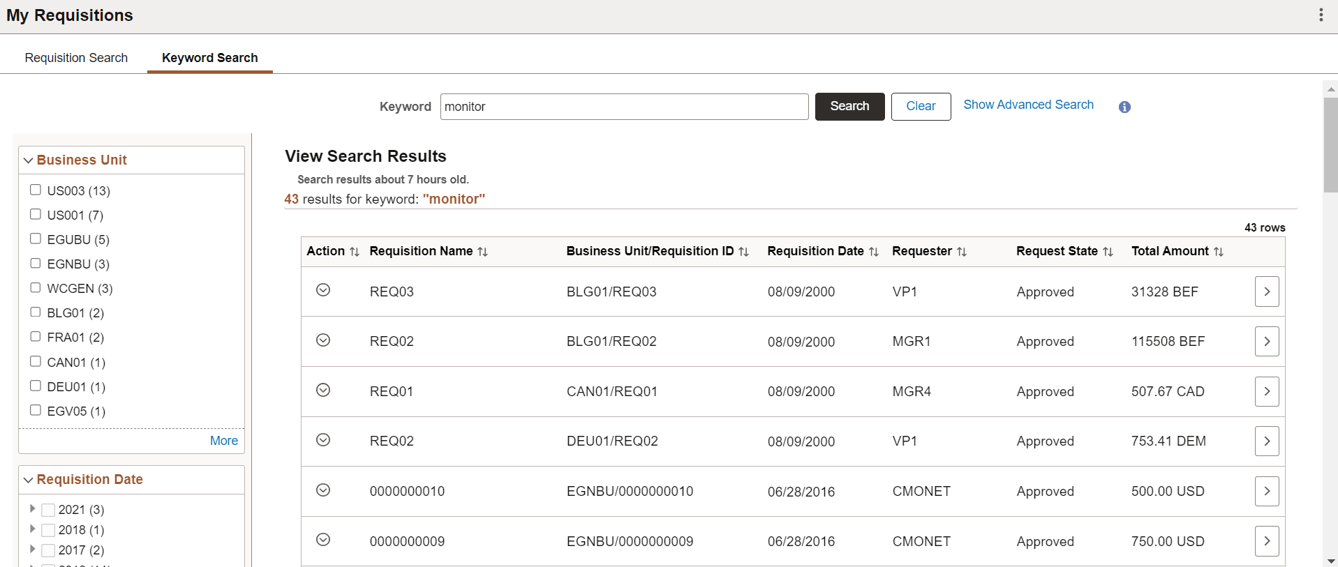 My Requisitions Keyword Search