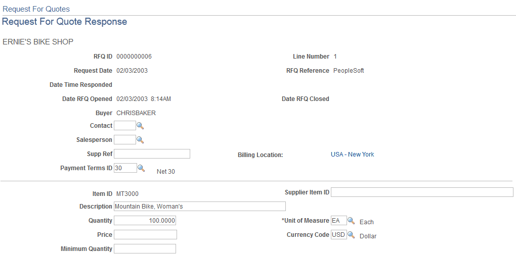 Request for Quote Response page (1 of 2)