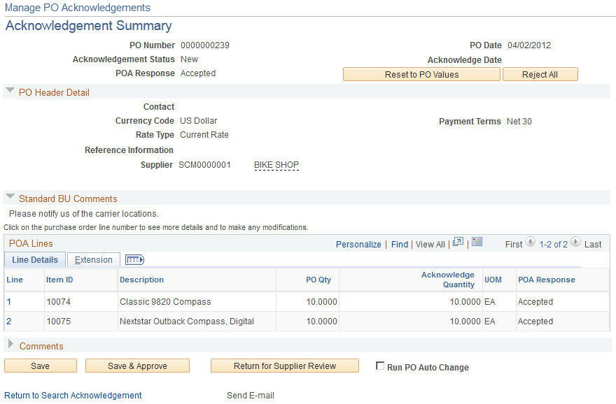 Acknowledge Purchase Orders - Acknowledgement Summary page
