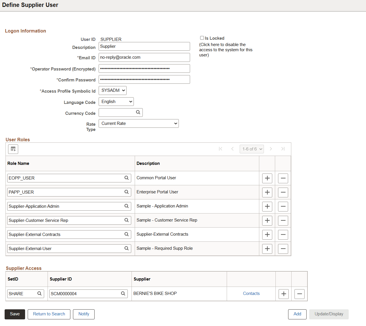 Define Supplier User page