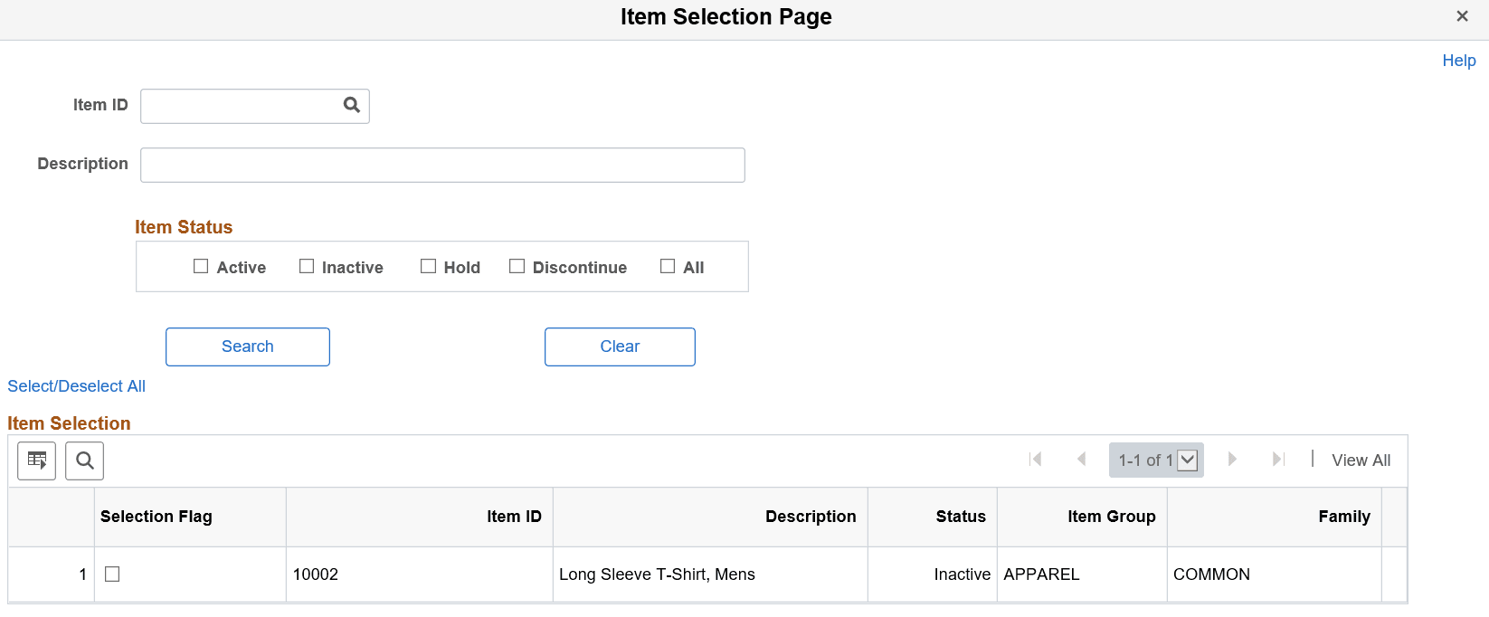 Manual Count Multiple Items Item Selection page