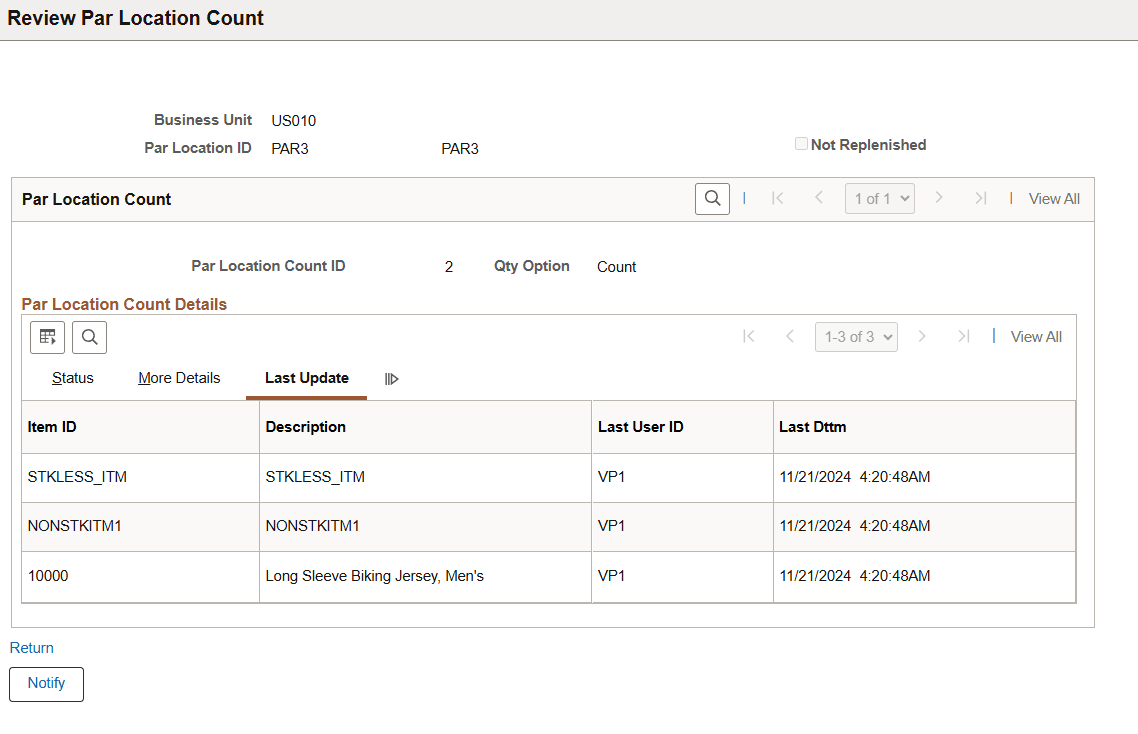 Par Location Count - Last Update page
