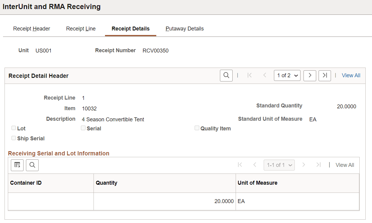 InterUnit and RMA Receiving - Receipt Details page
