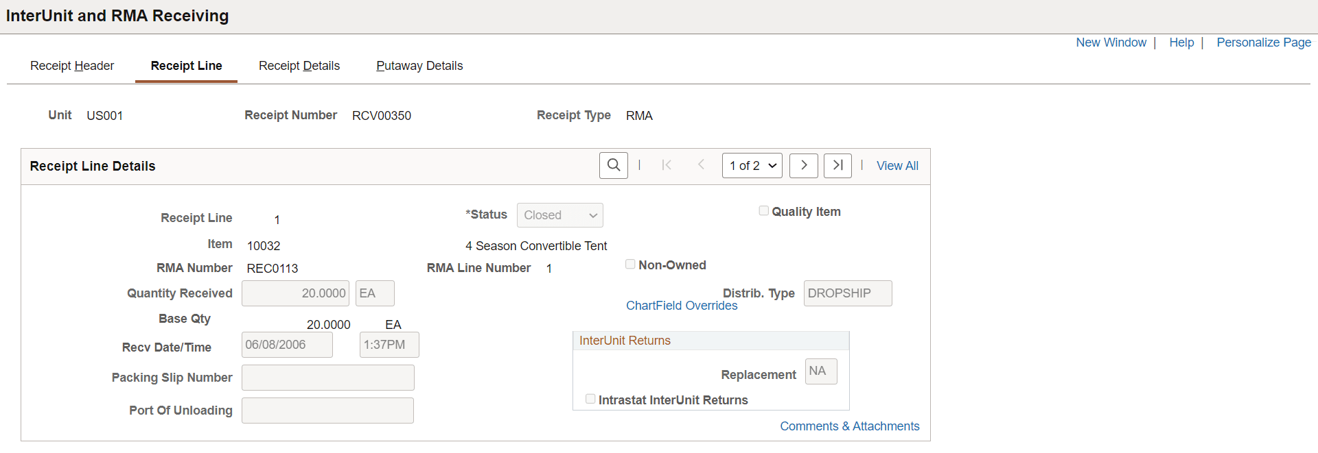 Interunit and RMA Receiving - Receipt Line page