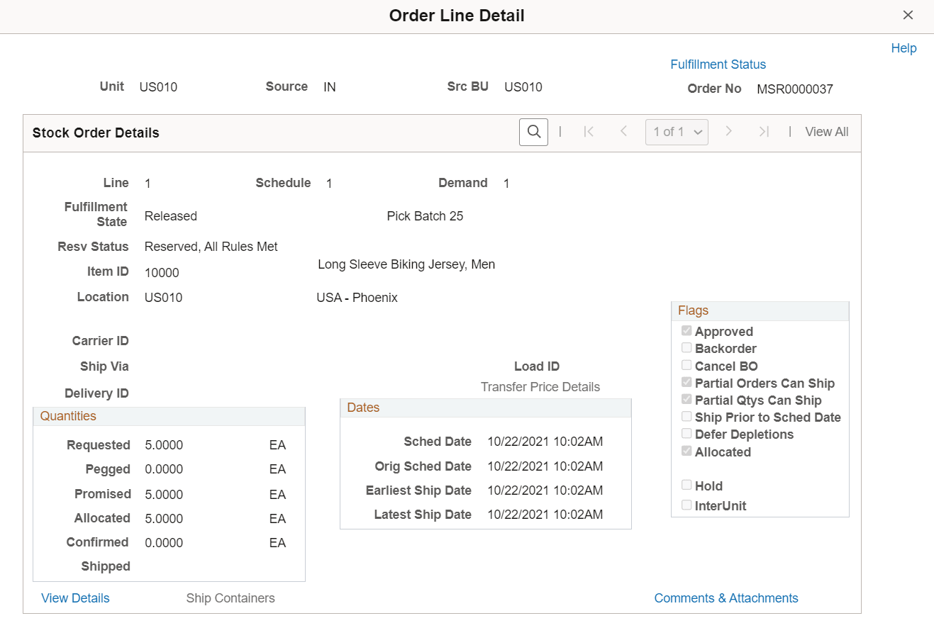 Fulfillment Status - Order Line Detail page