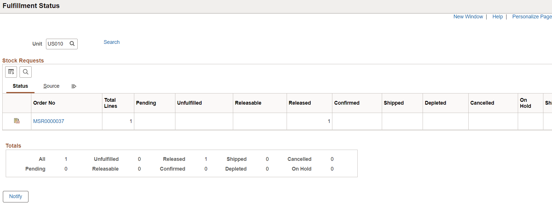 Fulfillment Status page