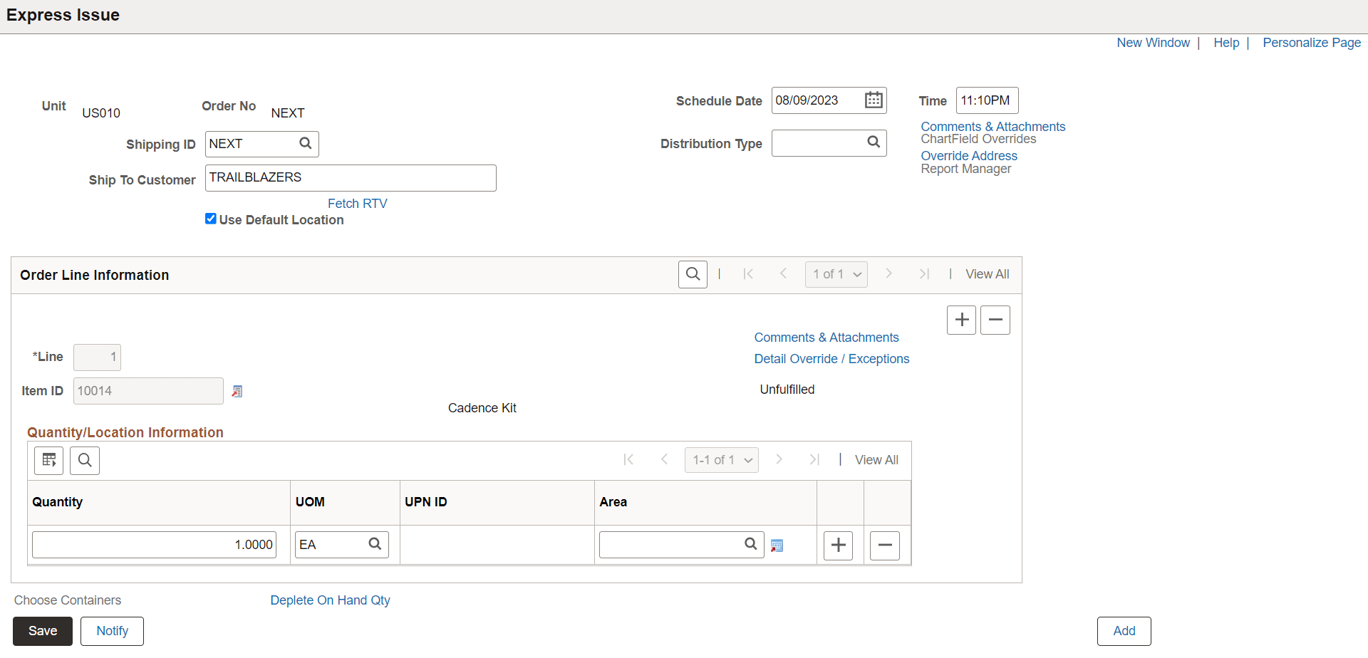 Express Issue page displaying the RTV fields
