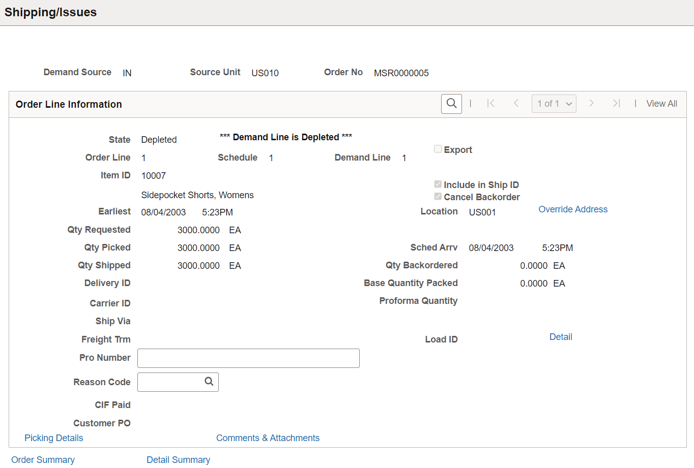 Shipping/Issues-Order Details page