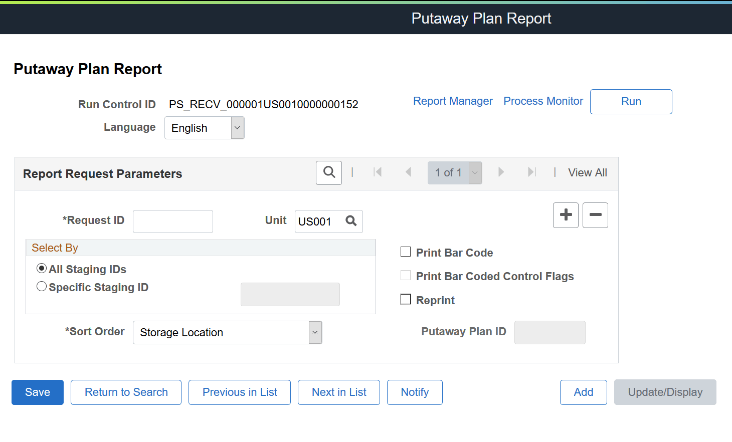 Putaway Plan Report process page