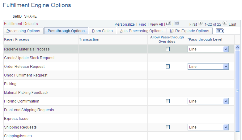 Passthrough Options tab of the Fulfillment Engine Options page (page 1 of 2)