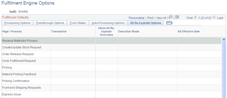 Kit Re-Explode Options tab of the Fulfillment Engine Options page (page 1 of 2)