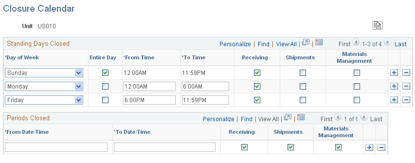 Closure Calendar page