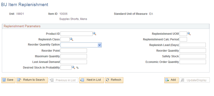 BU Item Replenishment page