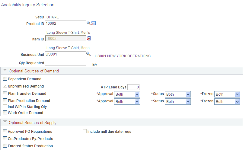 Available Inquiry Selection page