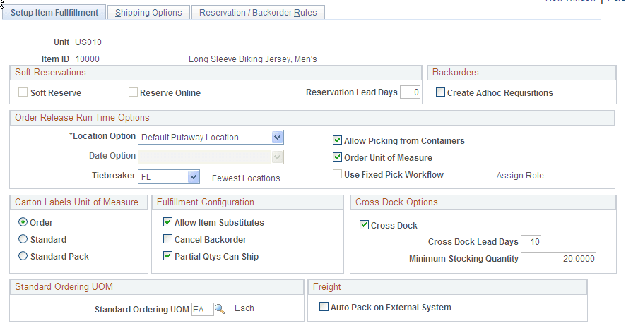 Setup Item Fulfillment page