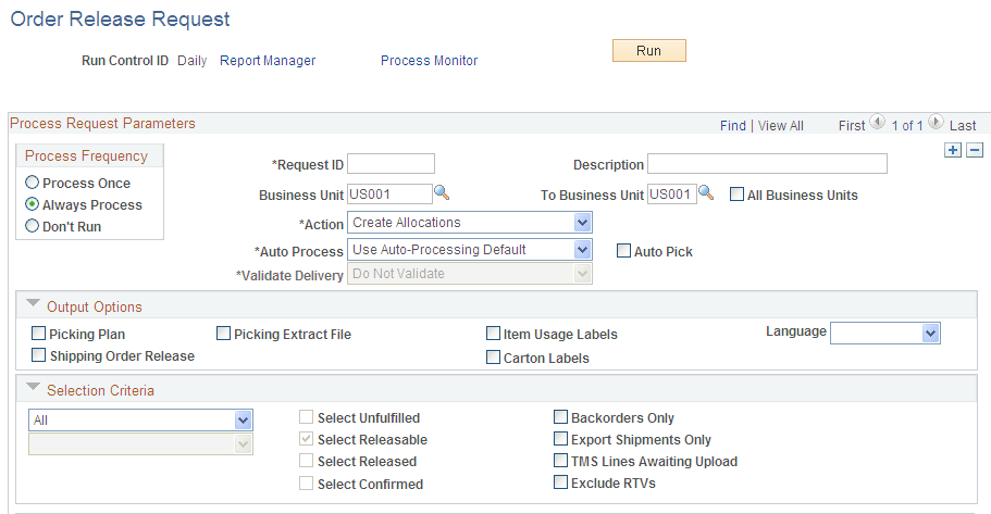 Order Release Request process page (1of2)
