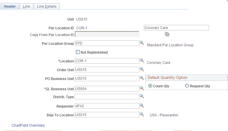 Define Par Location - Header page