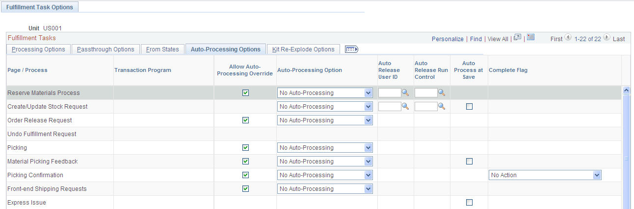 Auto-Processing Options tab of the Setup Fulfillment-Fulfillment Task Options page (1 of 2)