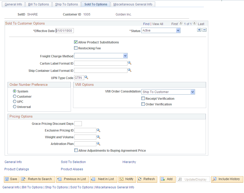 Sold To Options page