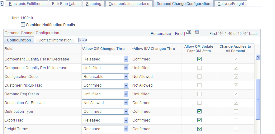 Demand Change Configuration page at the business unit level
