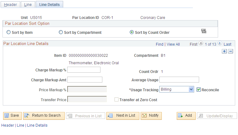 The Define Par Location - Line page