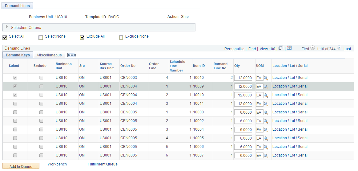 Demand Lines page(B)of the Fulfillment Workbench page