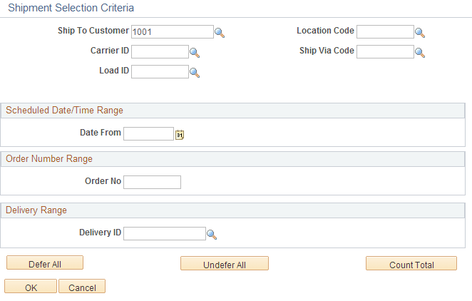 Defer Depletions-Shipment Selection Criteria page
