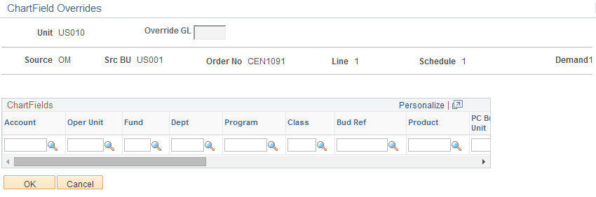 ChartField Overrides page at the demand line level