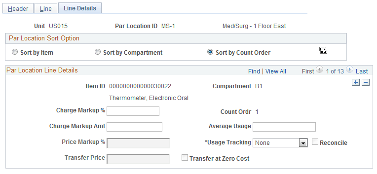 Define Par Location - Line Details Page