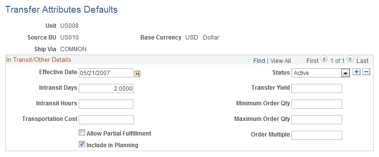 Transfer Attributes Defaults page