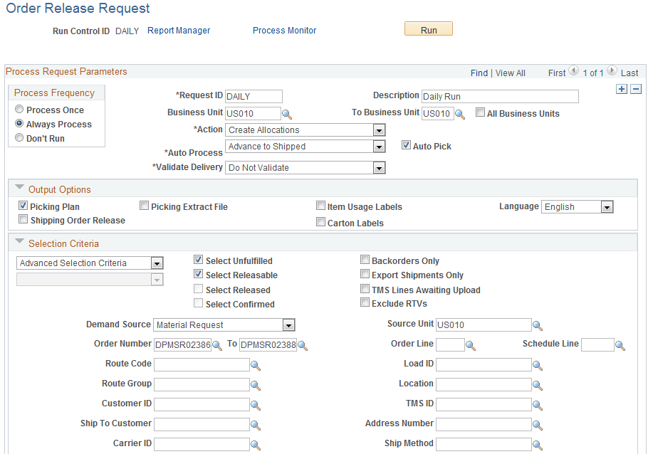 Order Release Request process page (1 of 2)